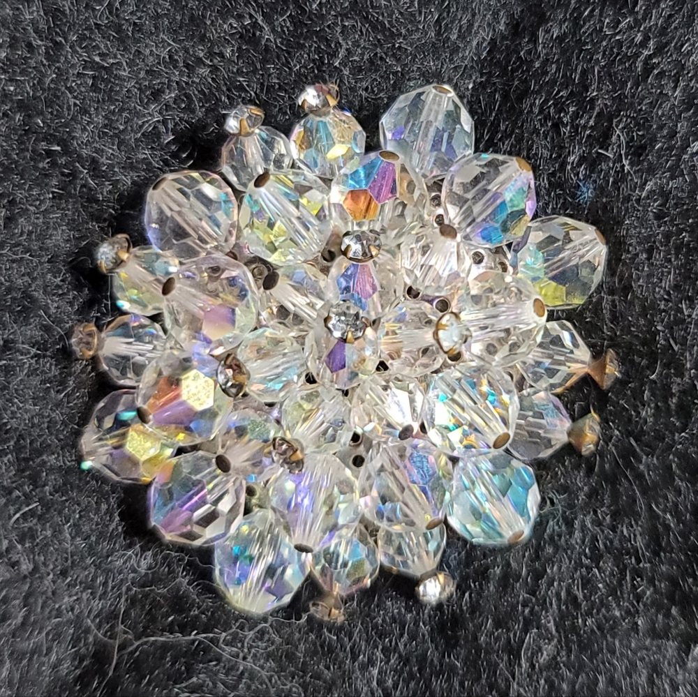 Vintage Aurora Borealis Crystal Cluster Beaded Brooch Pin - Mint Condition